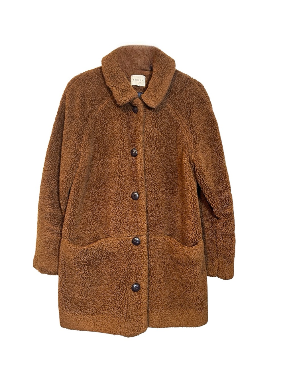 Sézane Teddy Coat in Brown - Cozy Button-Up Jacket Size 38
